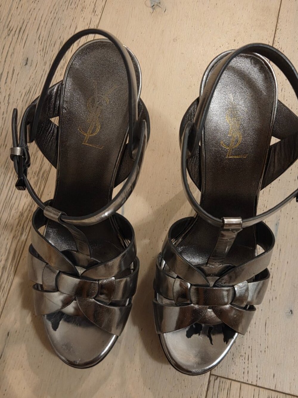 YSL Yves Saint Laurent Metallic Gunmetal Tribute 105 Platform Sandals - Size 40